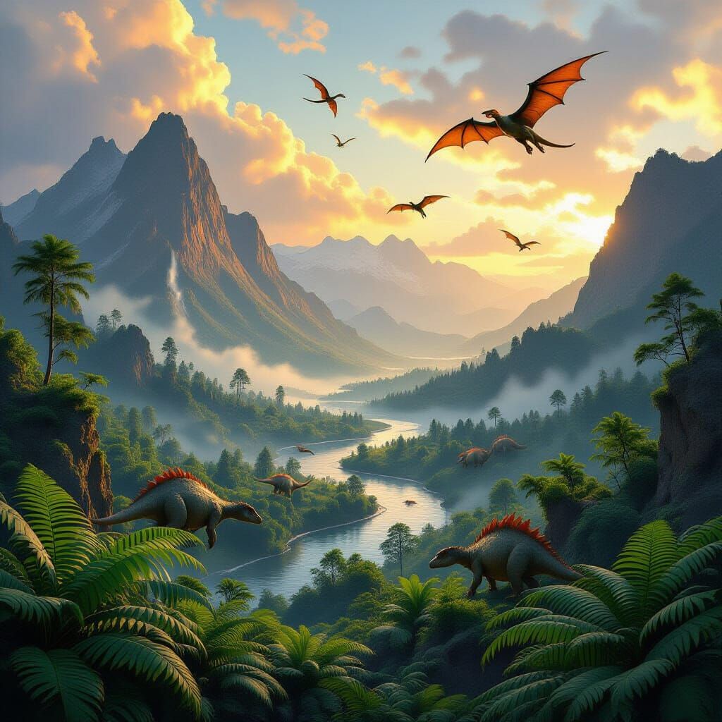 Dramatic Prehistoric Landscape with Dinosaurs and Volcanic M...