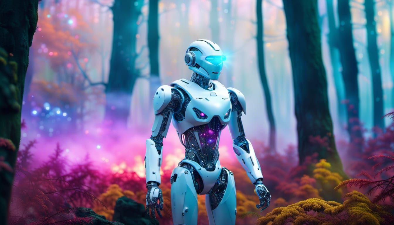 Futuristic Cyborg in Iridescent Forest Clearing