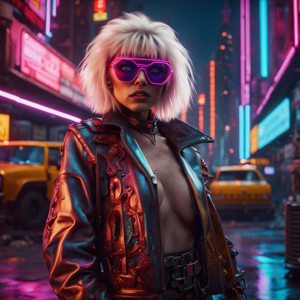 Cyborg Debbie Harry in Neon Cityscape