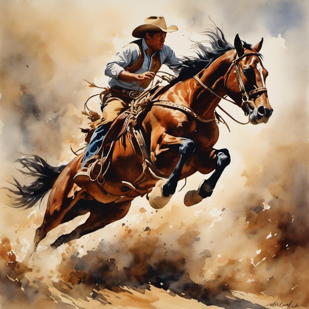 Vintage Rodeo Bull Rider in Antique Watercolor Style