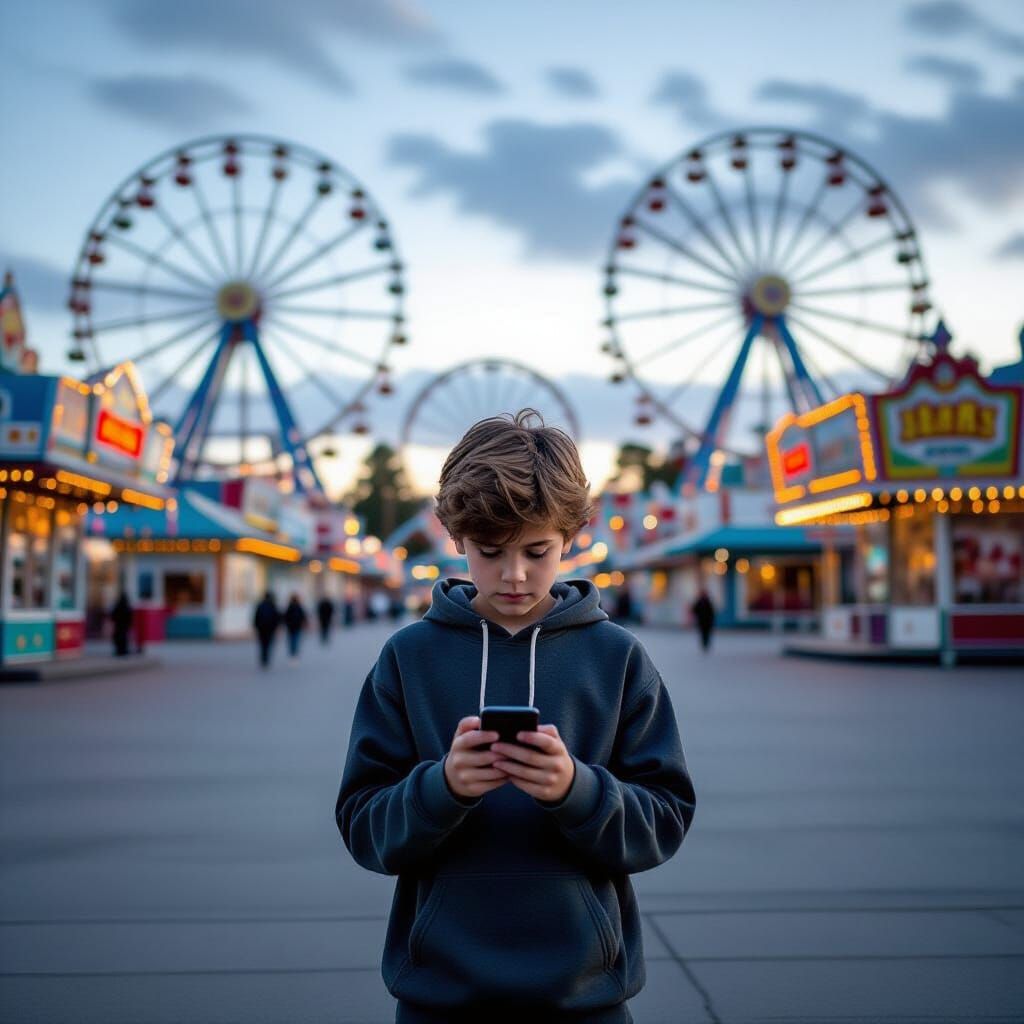 Boy in Deserted Amusement Park, Candid Photography