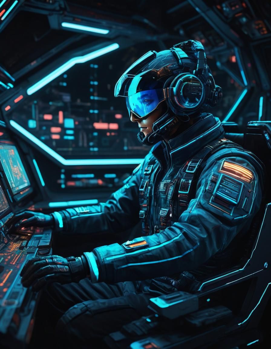 Cyberpunk Pilot in Neon Cockpit Pixel Art