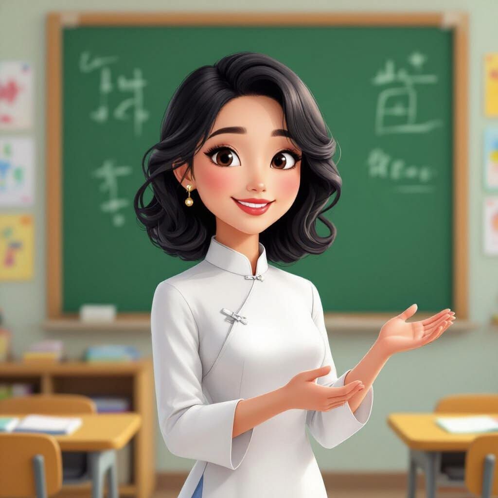 Vietnamese Teacher in Ao Dai, Pixar-Inspired Classroom