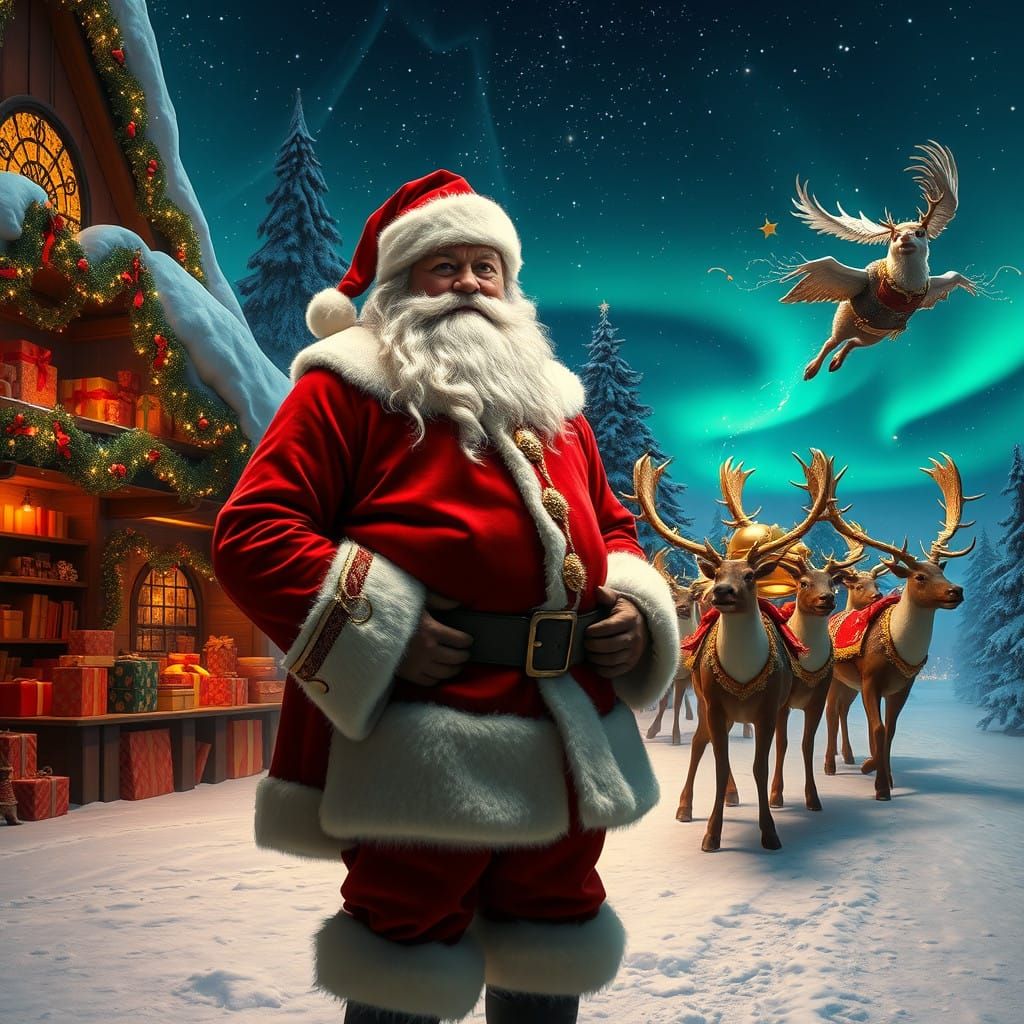 Majestic Santa Claus in Luxurious Crimson Coat, Surrounded b...