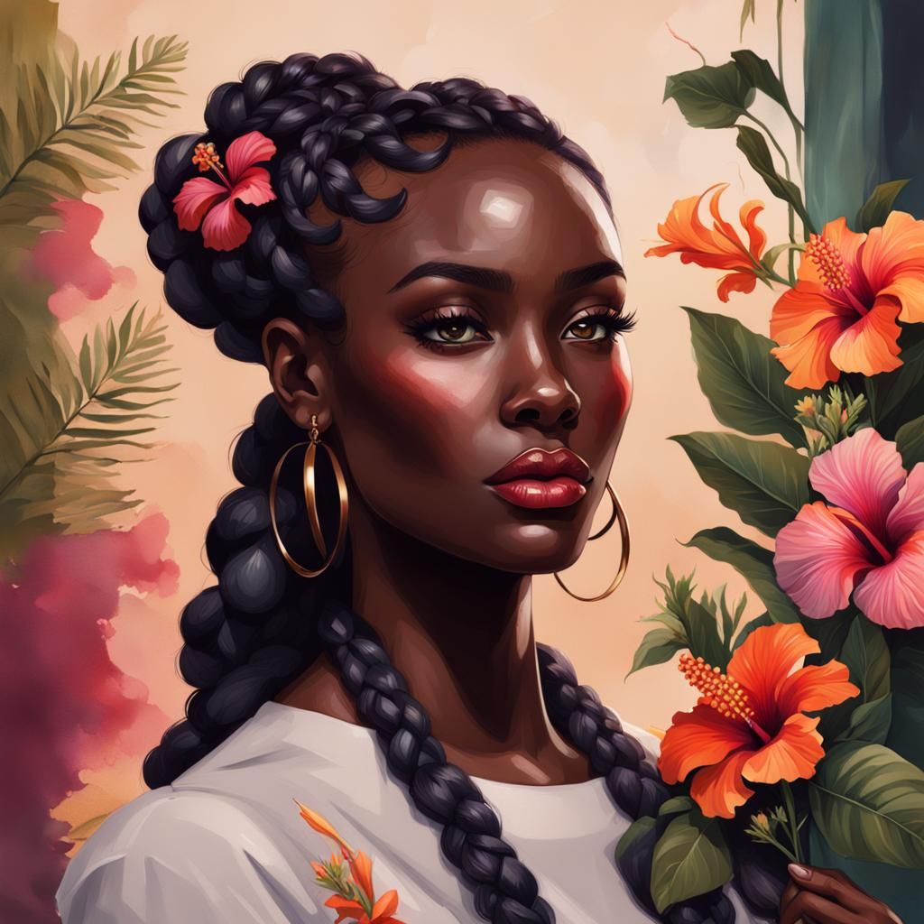 a portrait of a beautiful dark skin young female with flower...