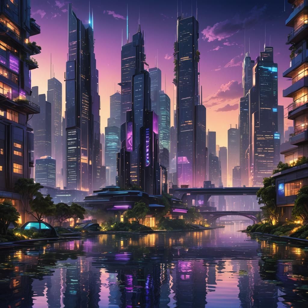Futuristic Cityscape at Night in Matte Painting Style