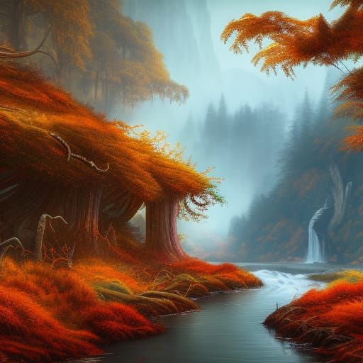 Autumn Forest River: Detailed Matte Painting