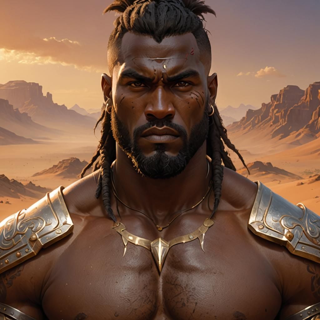 Epic Sci-Fi Barbarian Warrior Portrait in Desert Arena