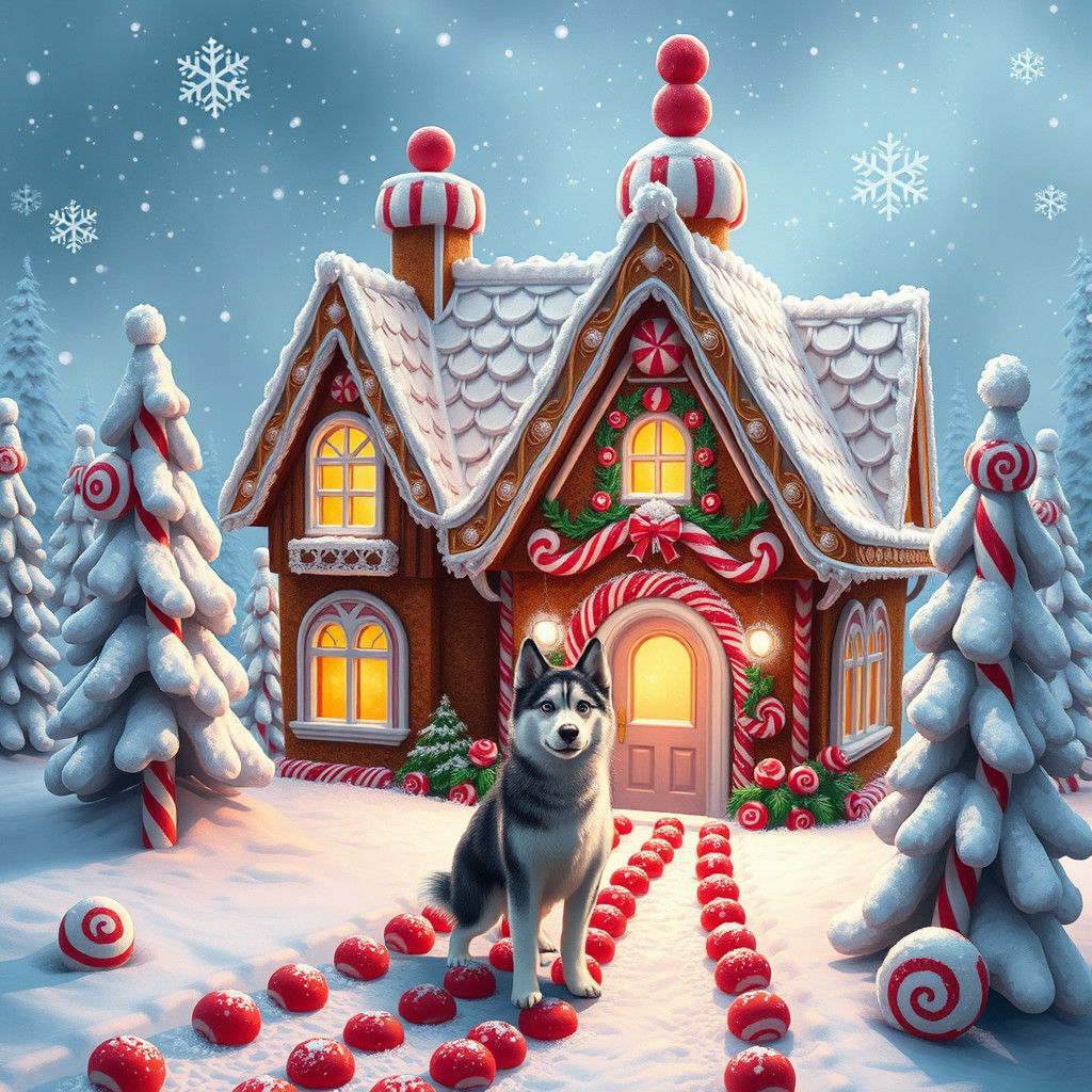 Gingerbread House with Husky in Winter Wonderland
