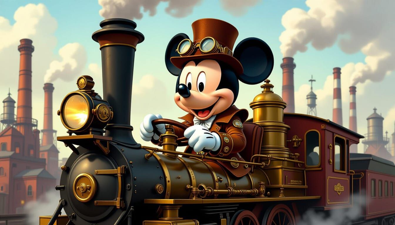 Steampunk Mickey Mouse Driving a Locomotive