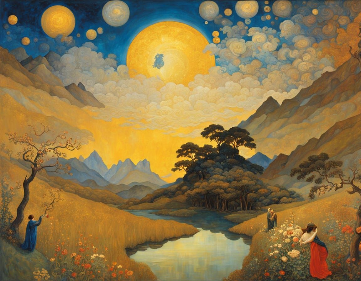 Elegant Figure in Golden Light, Art Nouveau and Ukiyo-e Patt...