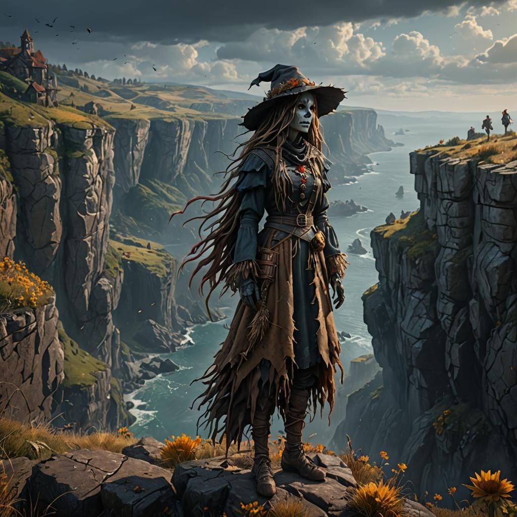 Sad Scarecrow Girl on a Cliffside