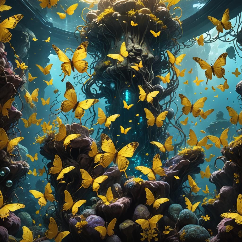 Underwater Cavern Illuminated by Butterflies: Splash Art