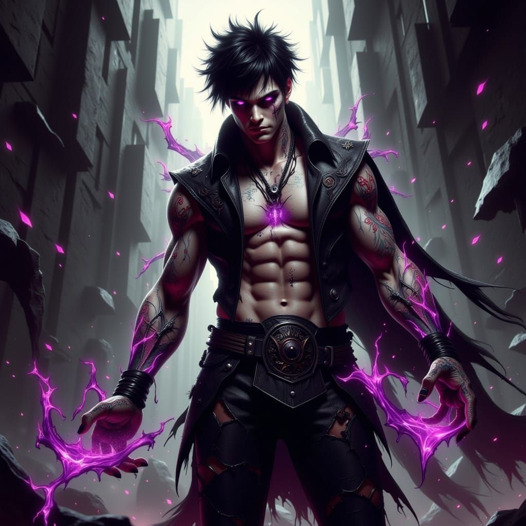 Dark Fae Warrior with Macabre Tattoos and Eerie Aura