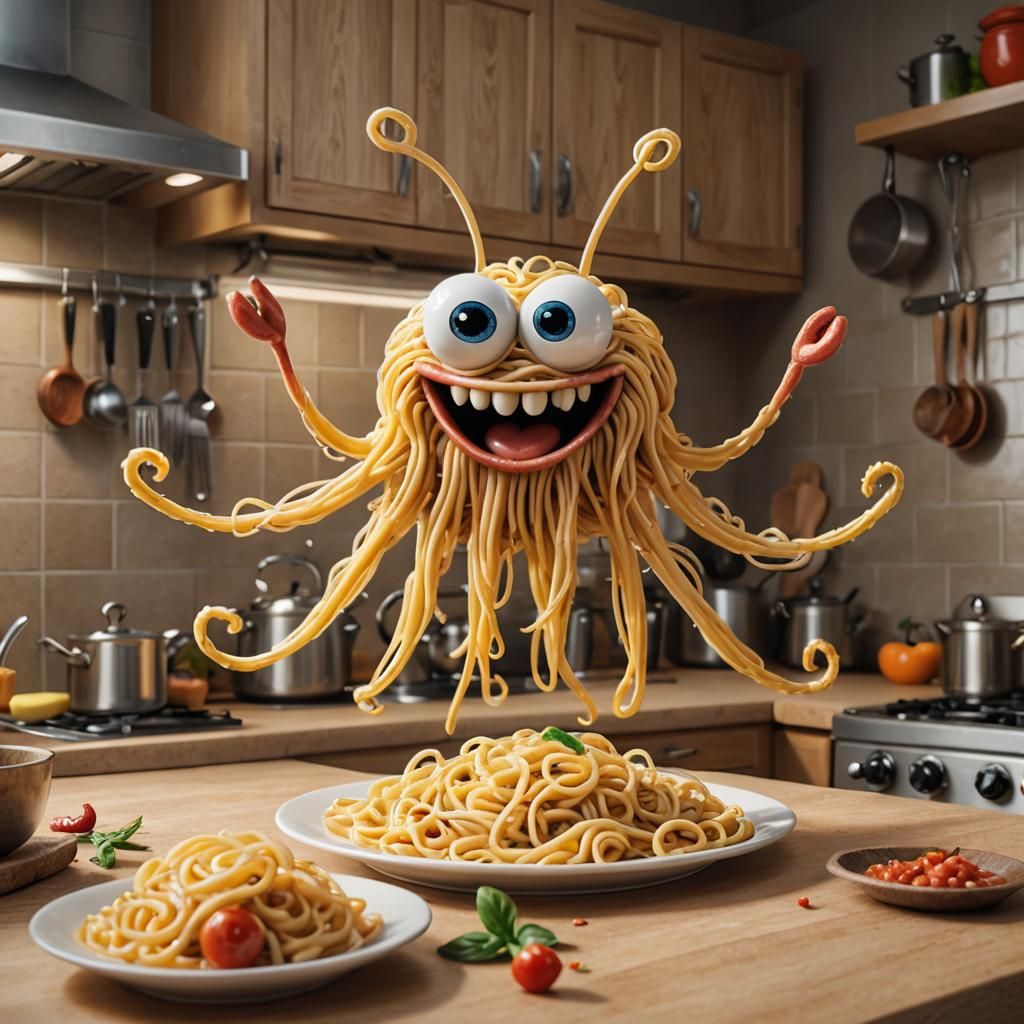 Cartoon Flying Spaghetti Monster in Kitchen, 3D Render