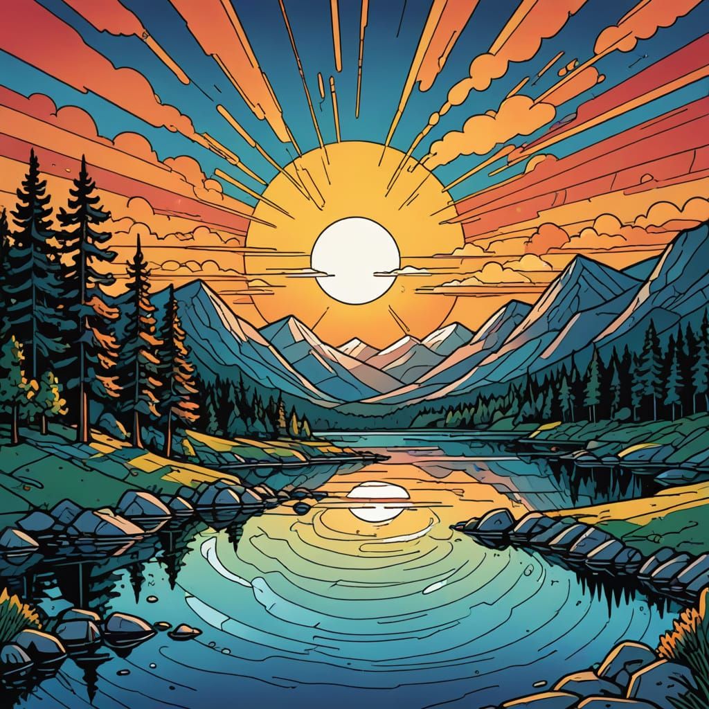 Sunrise Over Crystal Lake in Cartoon Style