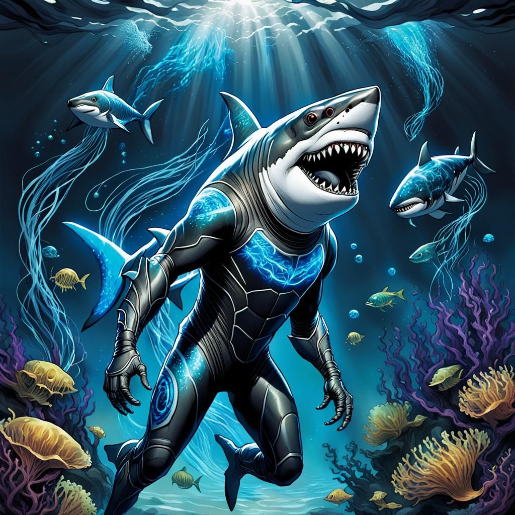 Sharkman Blasting Through Ocean Depths in Comic Book Style