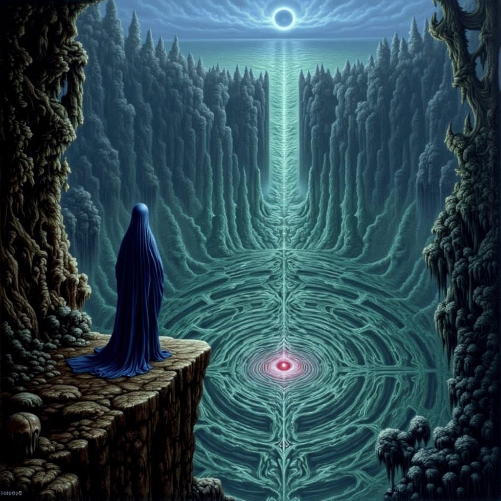 Figure Overlooking Bioluminescent Labyrinth in Starfort Cast...