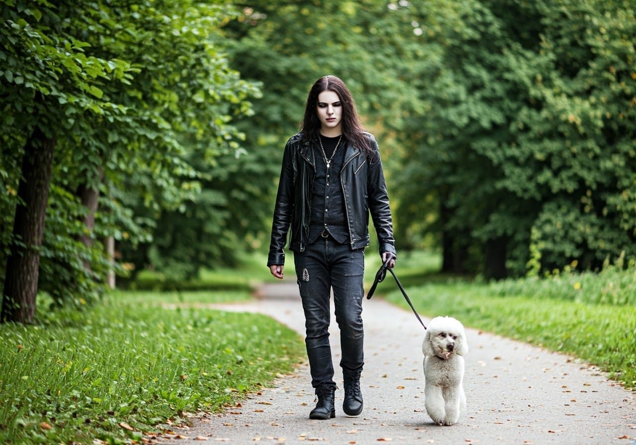 Gothic Metal Musician Walking Poodle in Park