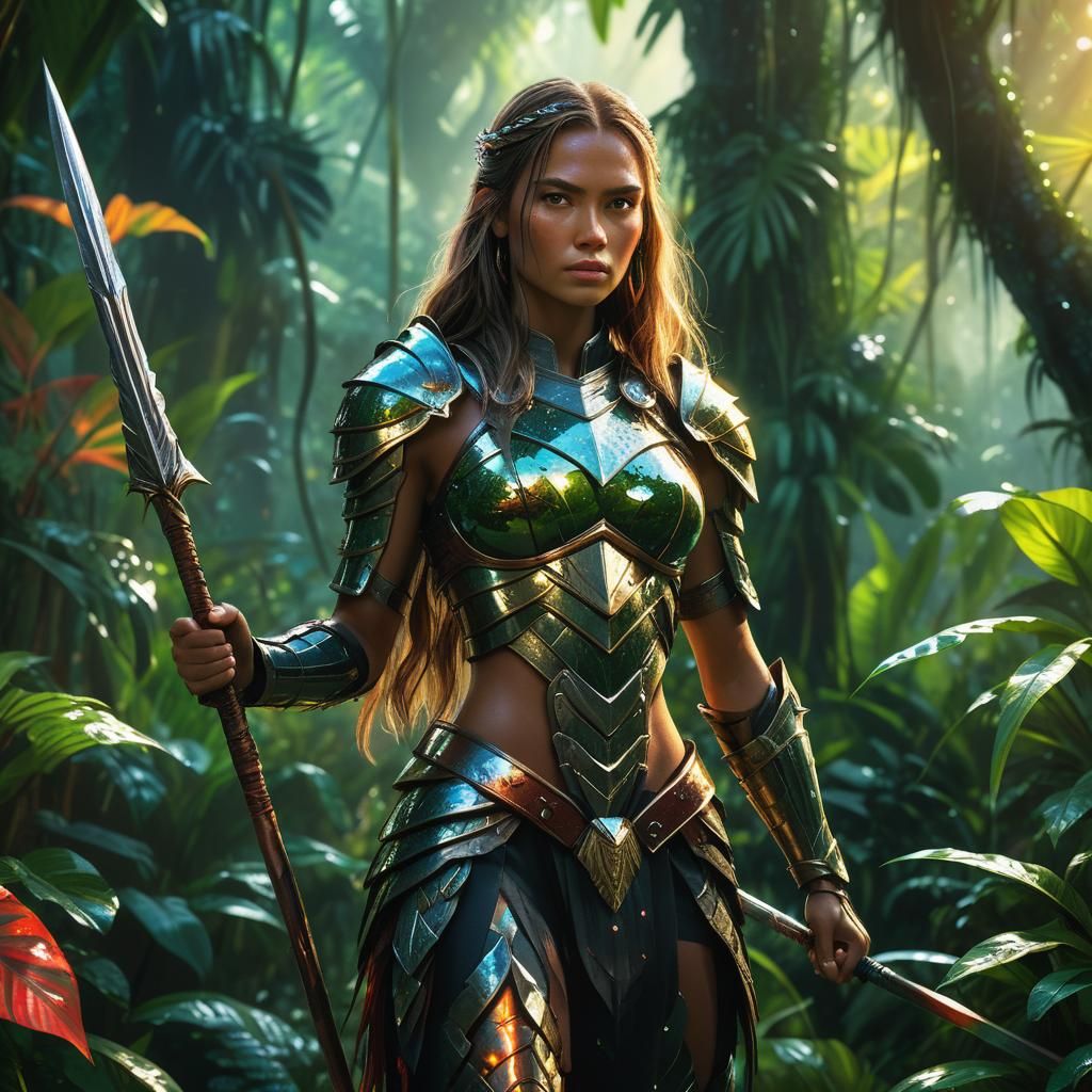 Armored Woman with Spear in Lush Jungle