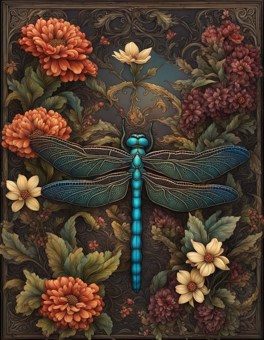 Dark Academia Dragonfly and Flowers