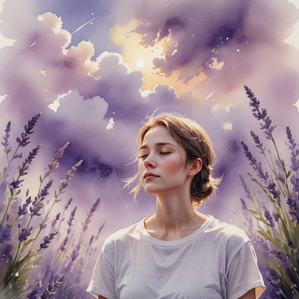 Serene Watercolor Portrait Under Lavender Cloud