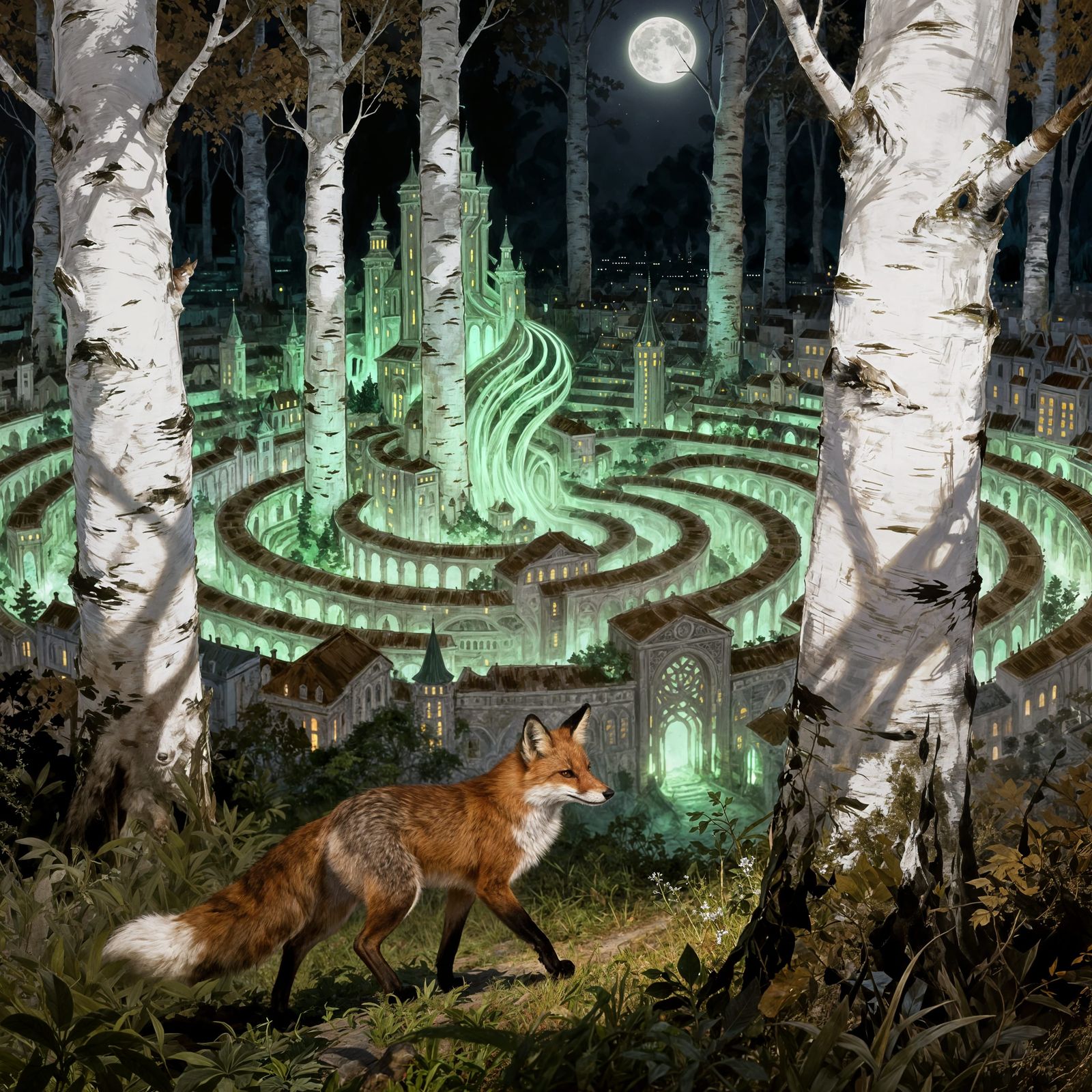 Fox Navigates Moonlit Birch Tree City