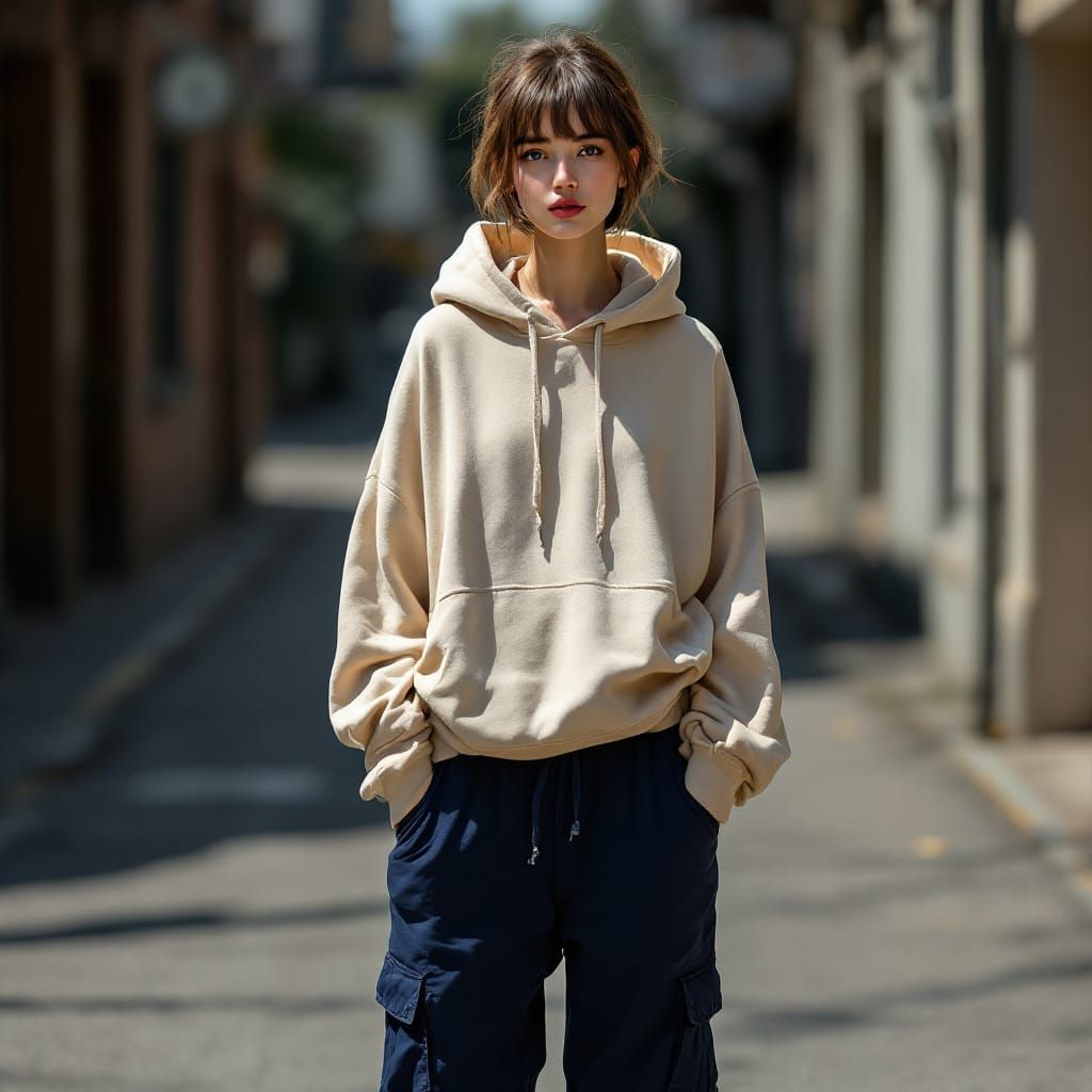 Model in Beige Hoody and Blue Cargo Pants