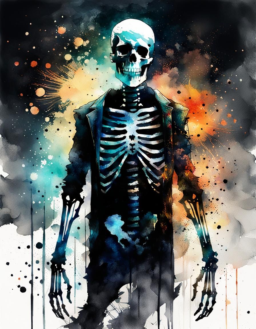 Ghost Skeleton Silhouette in Art Nouveau Watercolor