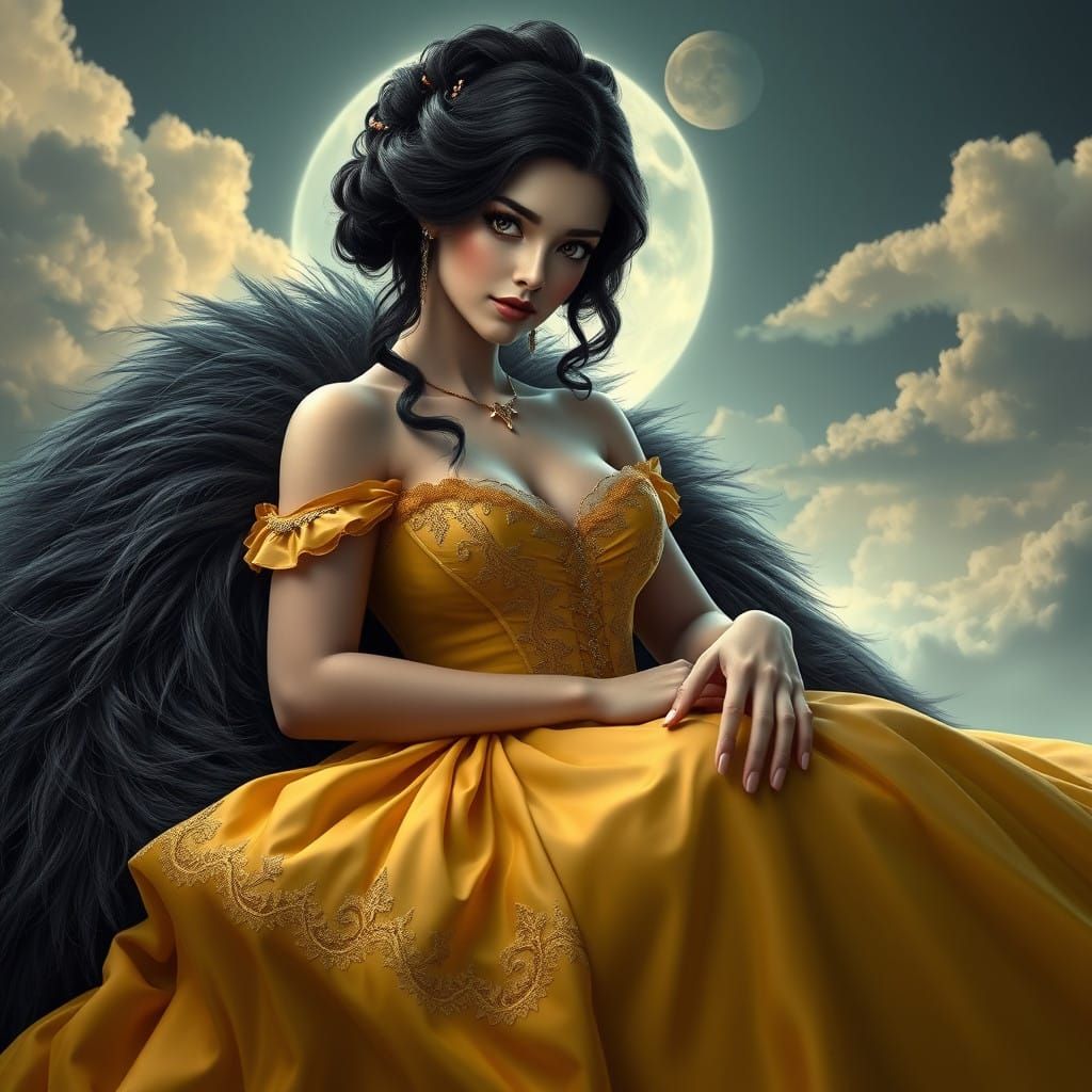 Ethereal Maiden in Golden Gown, Cradled by Majestic Beast