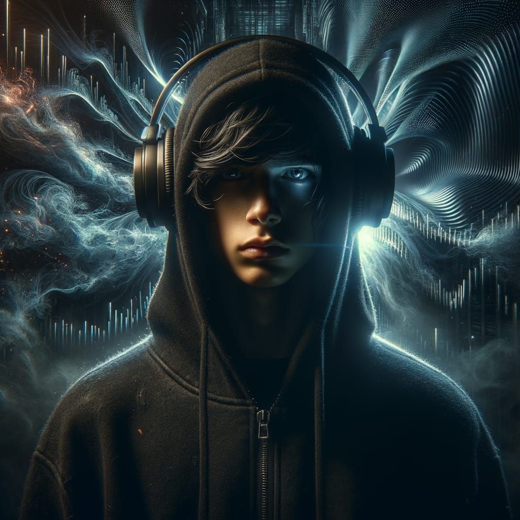 Teen Boy with Glowing Eyes and Sound Wave Portal