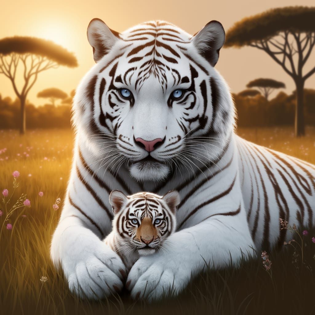 Majestic White Tiger Cradles Striped Cub in Sunset Savanna