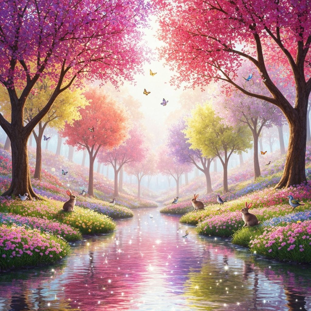 Magical Spring Forest with Sparkling River and Wildlife