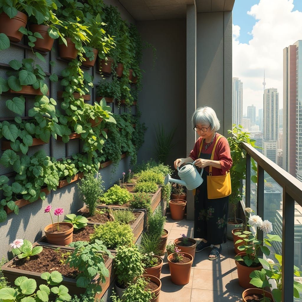 Urban Balcony Garden in Anime Style