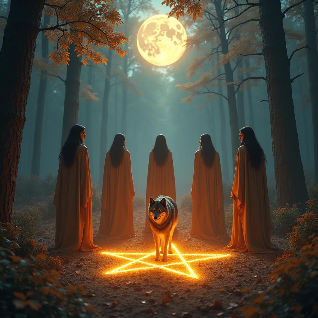 Mystical Forest Gathering with Wolf, Fantasy Concept Art