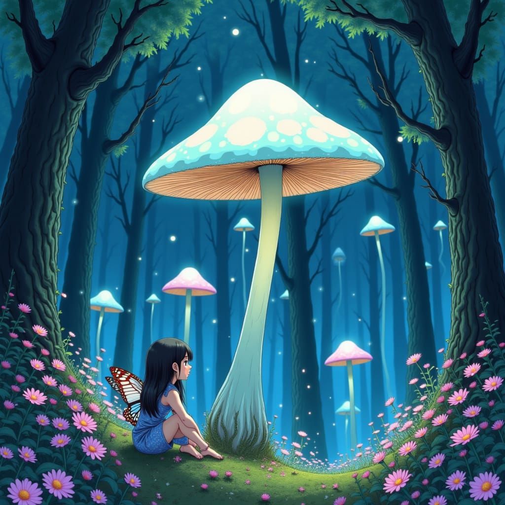 Girl on Bioluminescent Mushroom in Candy Forest