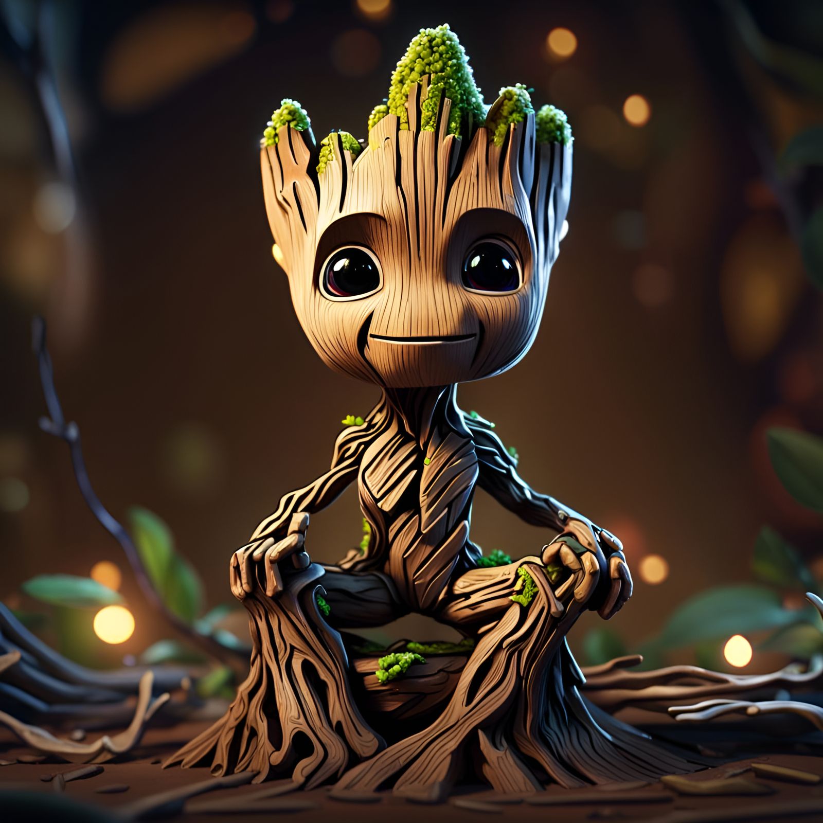 Adorable Chibi Groot with Gorgeous Eyes and Sparks