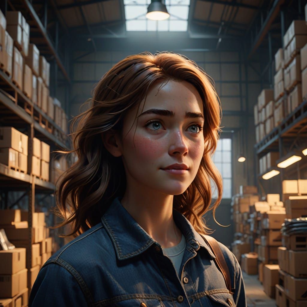 Joyful Woman in Sunlit Warehouse