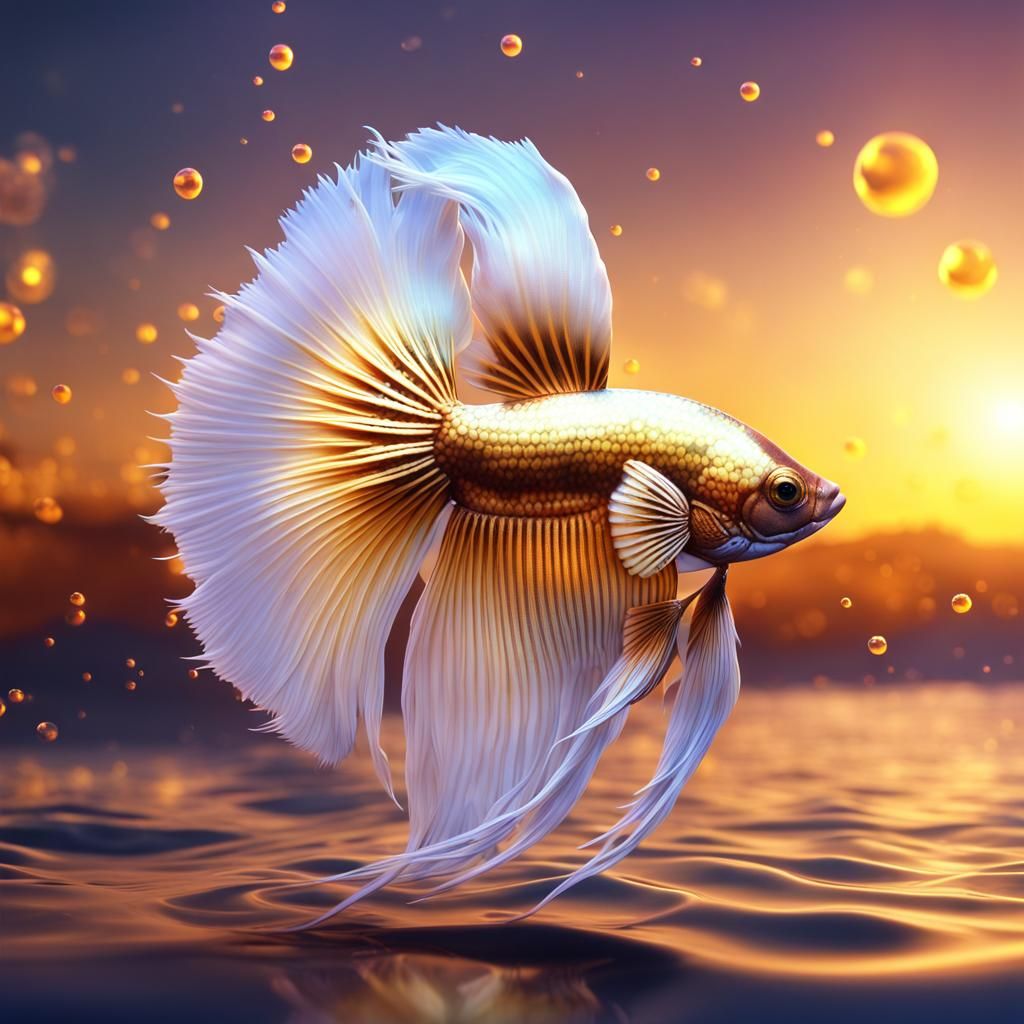 Golden Crown Betta Fish with Bubbles, Digital Art