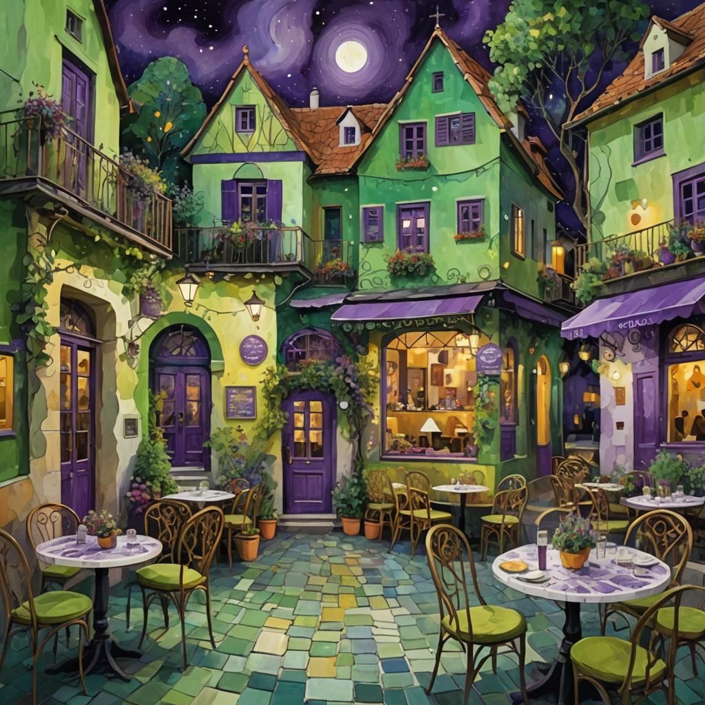 Cozy  small cafe in the village in the evening.