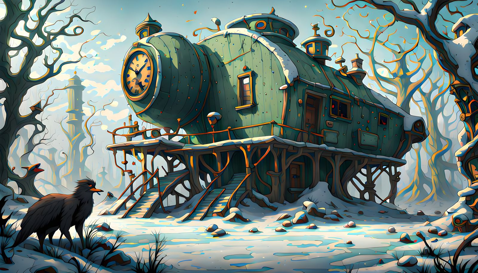 Abandoned Steampunk World Frozen in a Verdant Apocalypse