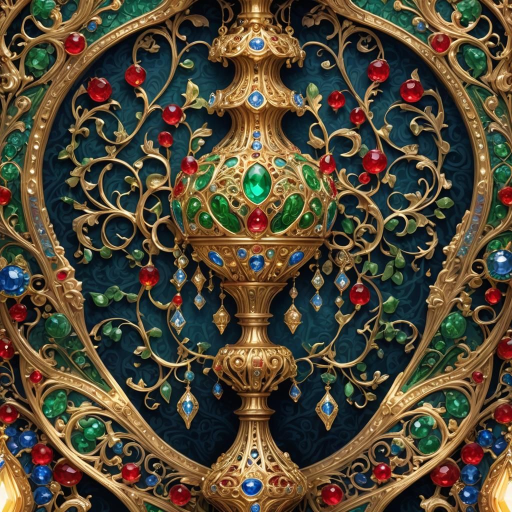 Ornate Jewel-Embedded Gold Lamp in Fantasy Style