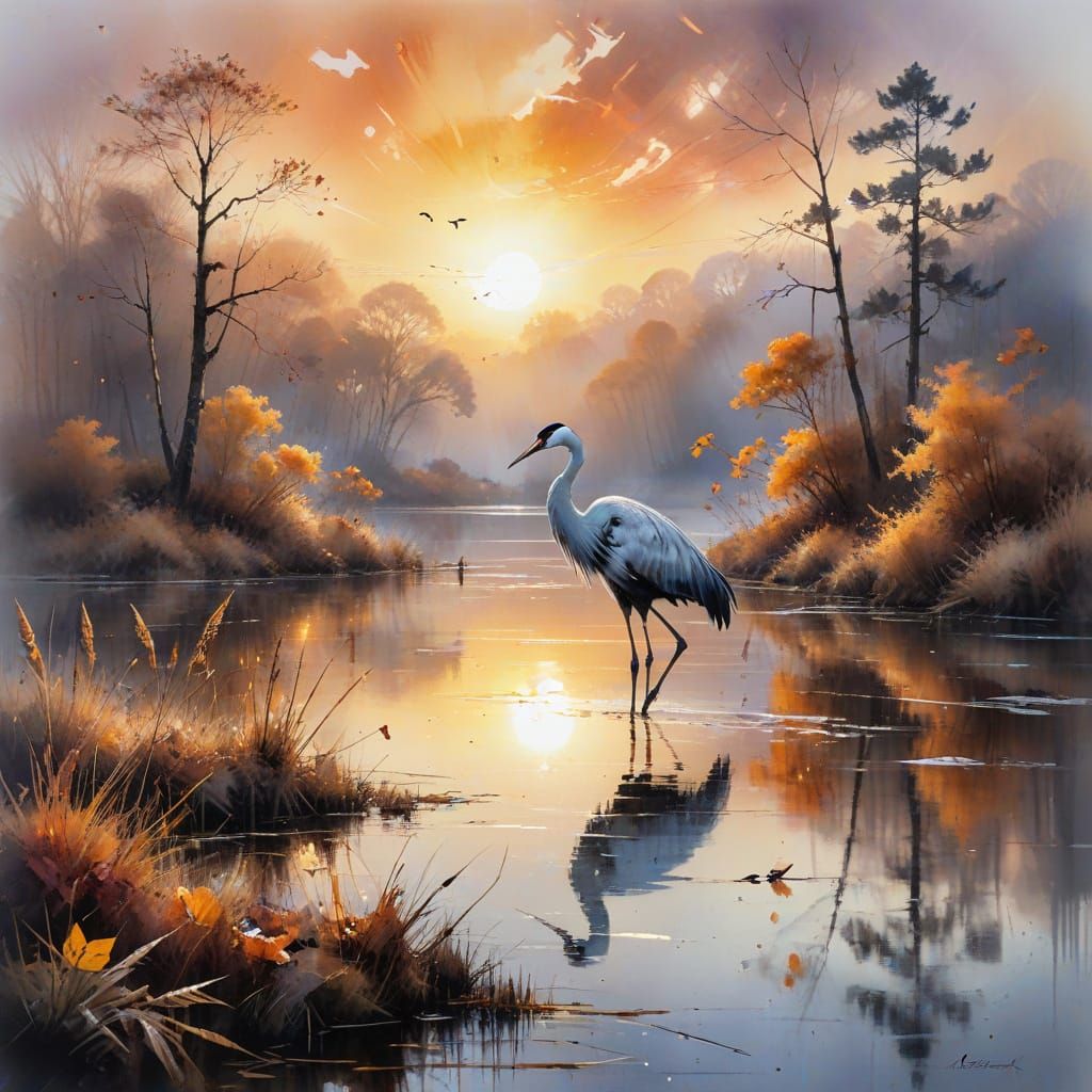 Crane on Misty Lake: Watercolor Sunset Scene