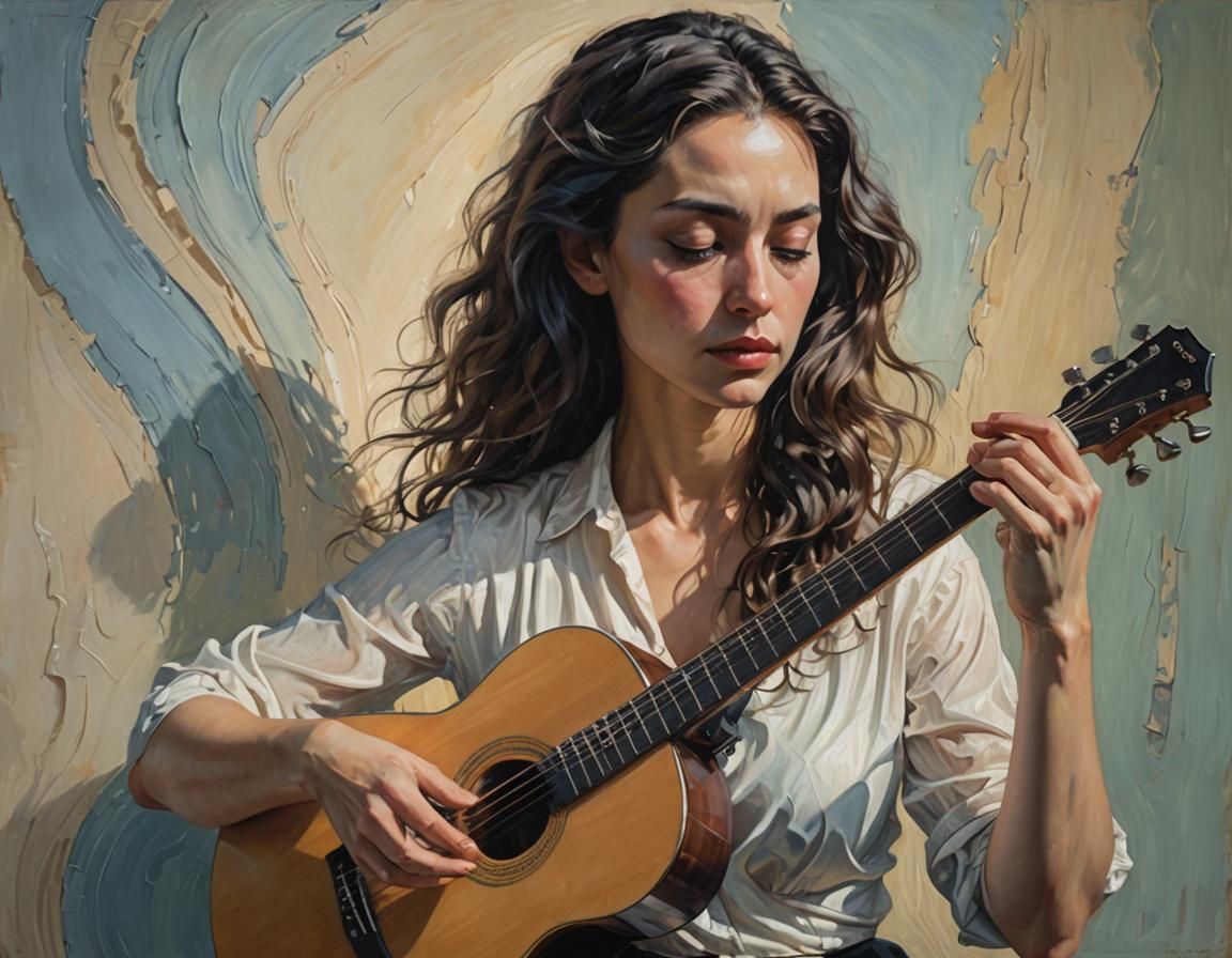 Woman Playing Guitar in Surrealist Hyper-Realism