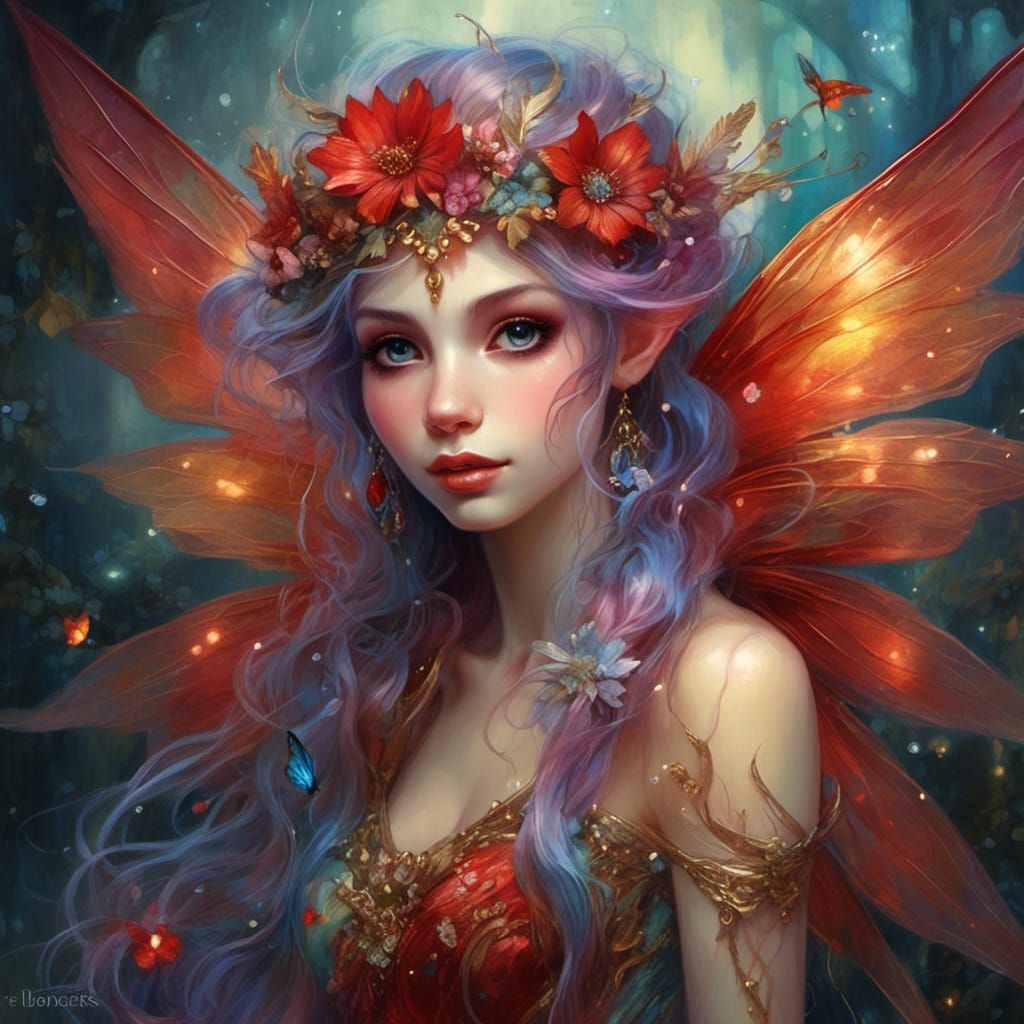 Elf Fairy with Flowered Hair and Golden Wings