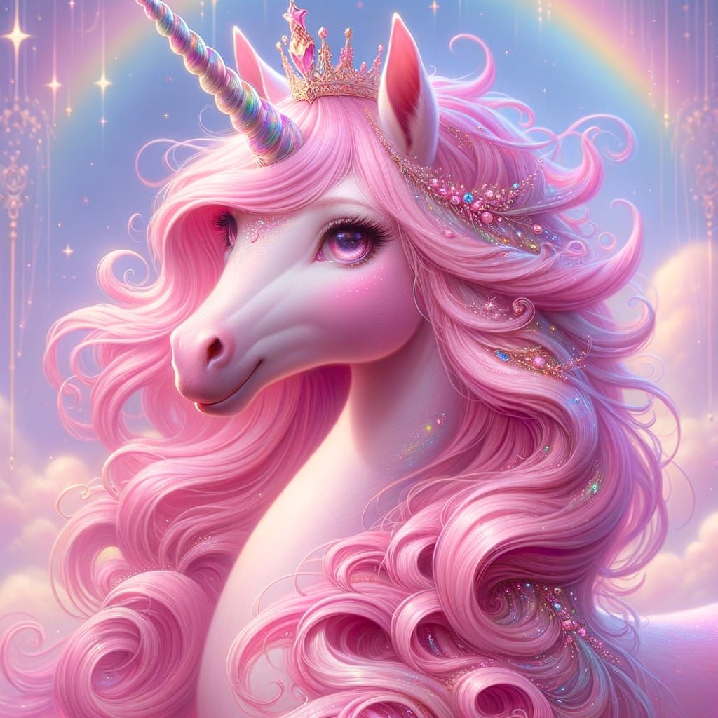 Pink Unicorn Queen with Rainbow Mane and Gem Crown