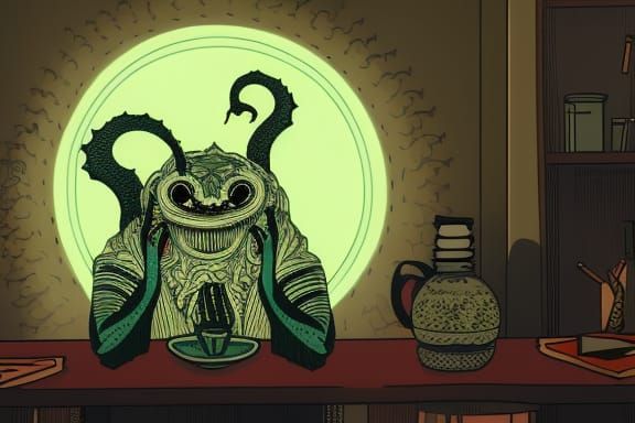 Lovecraftian Punk in Moscow Cafe: Utagawa Kuniyoshi Style