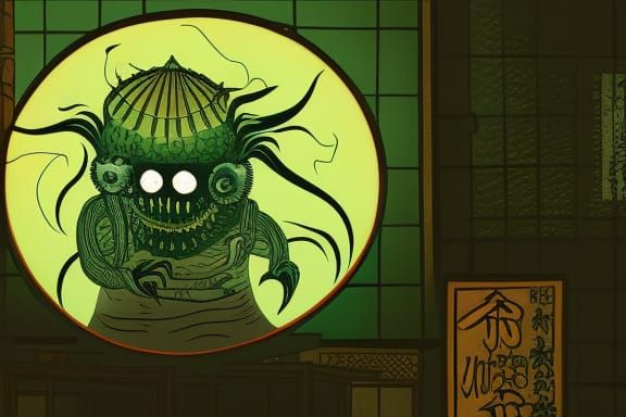 Cthulhu in Moscow Cafe: A Lovecraftian Punk Woodblock