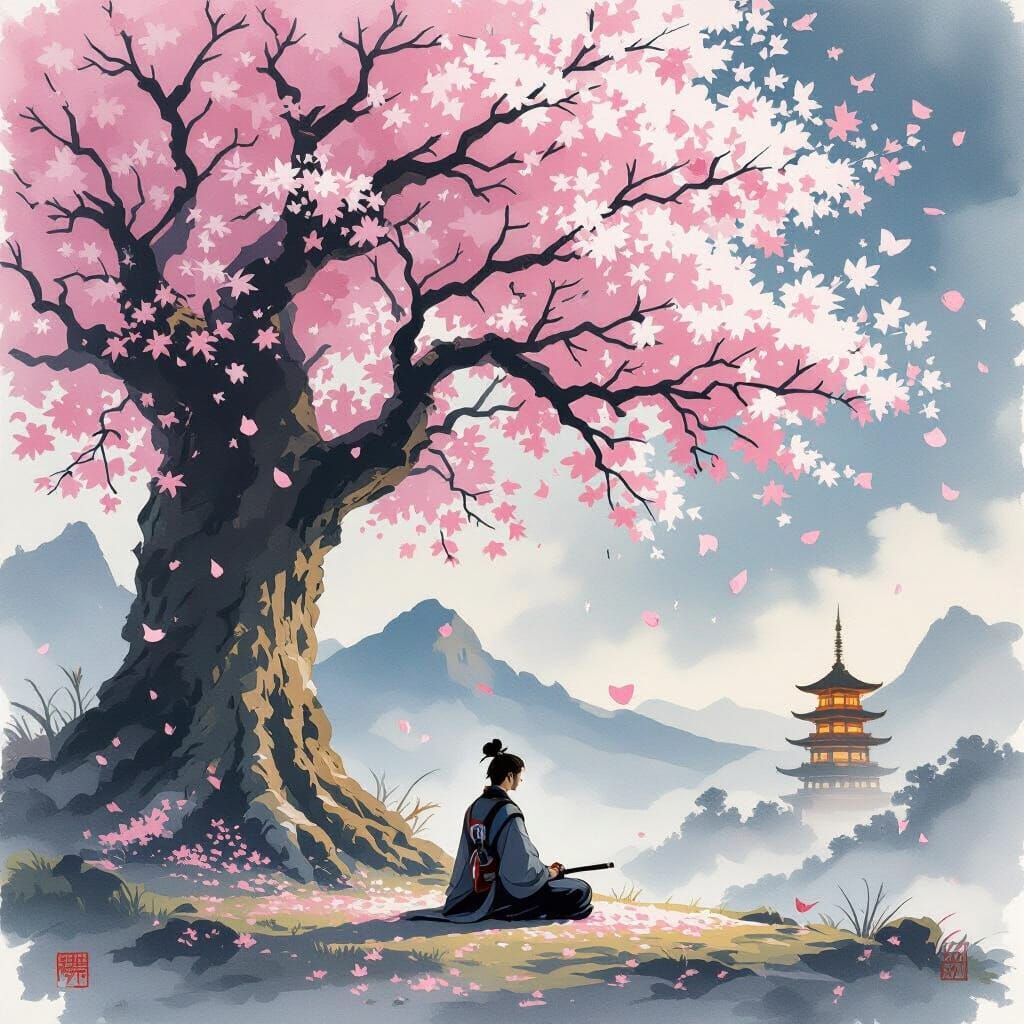 Samurai Meditating Under Cherry Blossom Tree