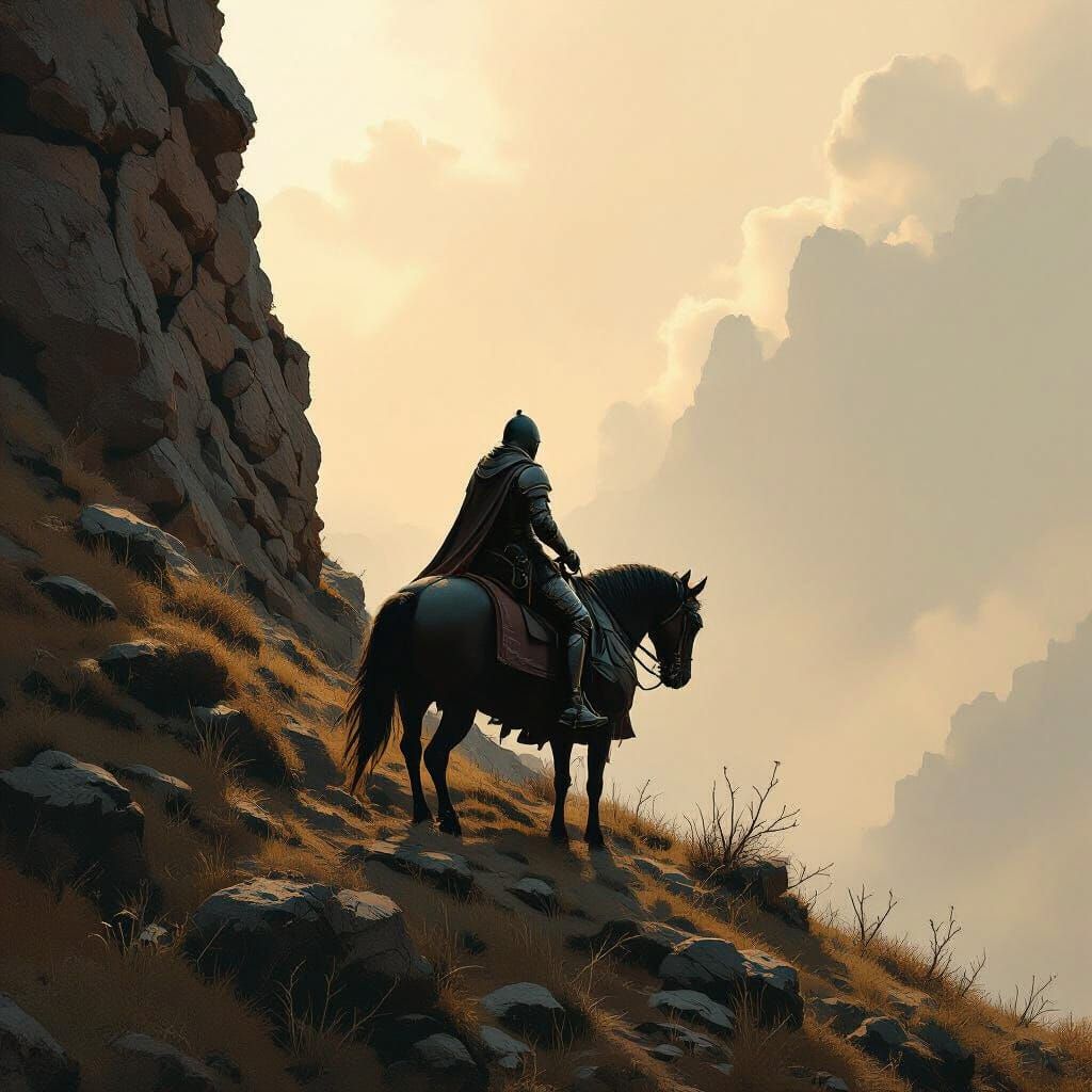 Medieval Knight Ascending Hill in Earthy Tones